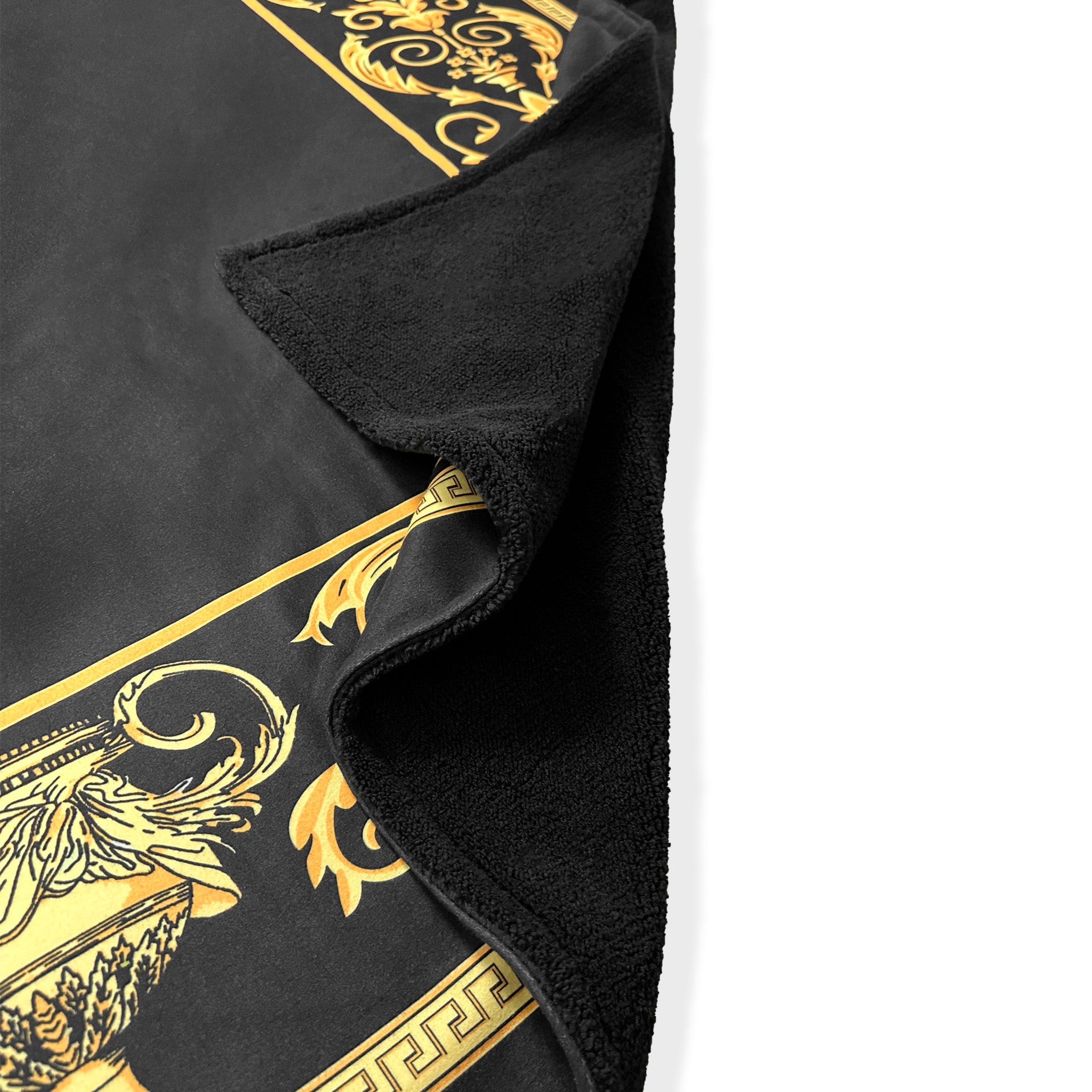 Exklusive Sherpa Decke mit Amphore Motiv in schwarz gold - 150 x 200 - warm & kuschelweich