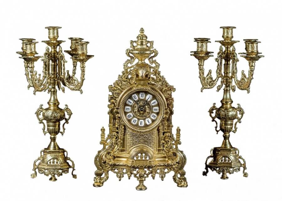 Antique look brass clock set
